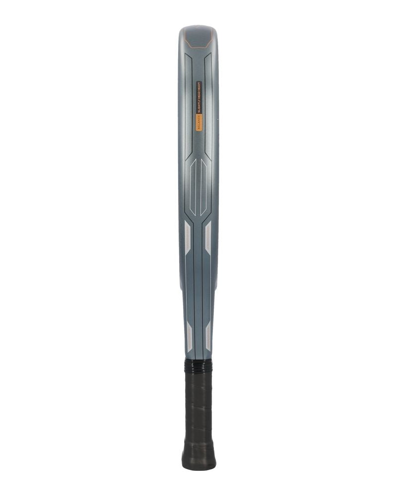 Side of a grey and orange Adidas padel racket on a white background.
