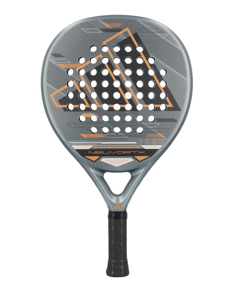 Grey and orange Adidas padel racket on a white background.