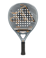 Grey and orange Adidas padel racket on a white background.