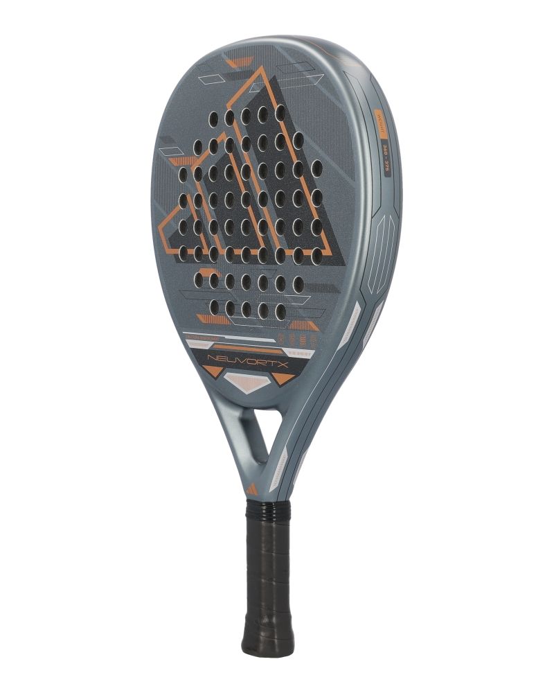 Grey and orange Adidas padel racket on a white background.
