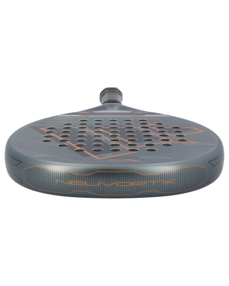 Top of a grey and orange Adidas padel racket on a white background.