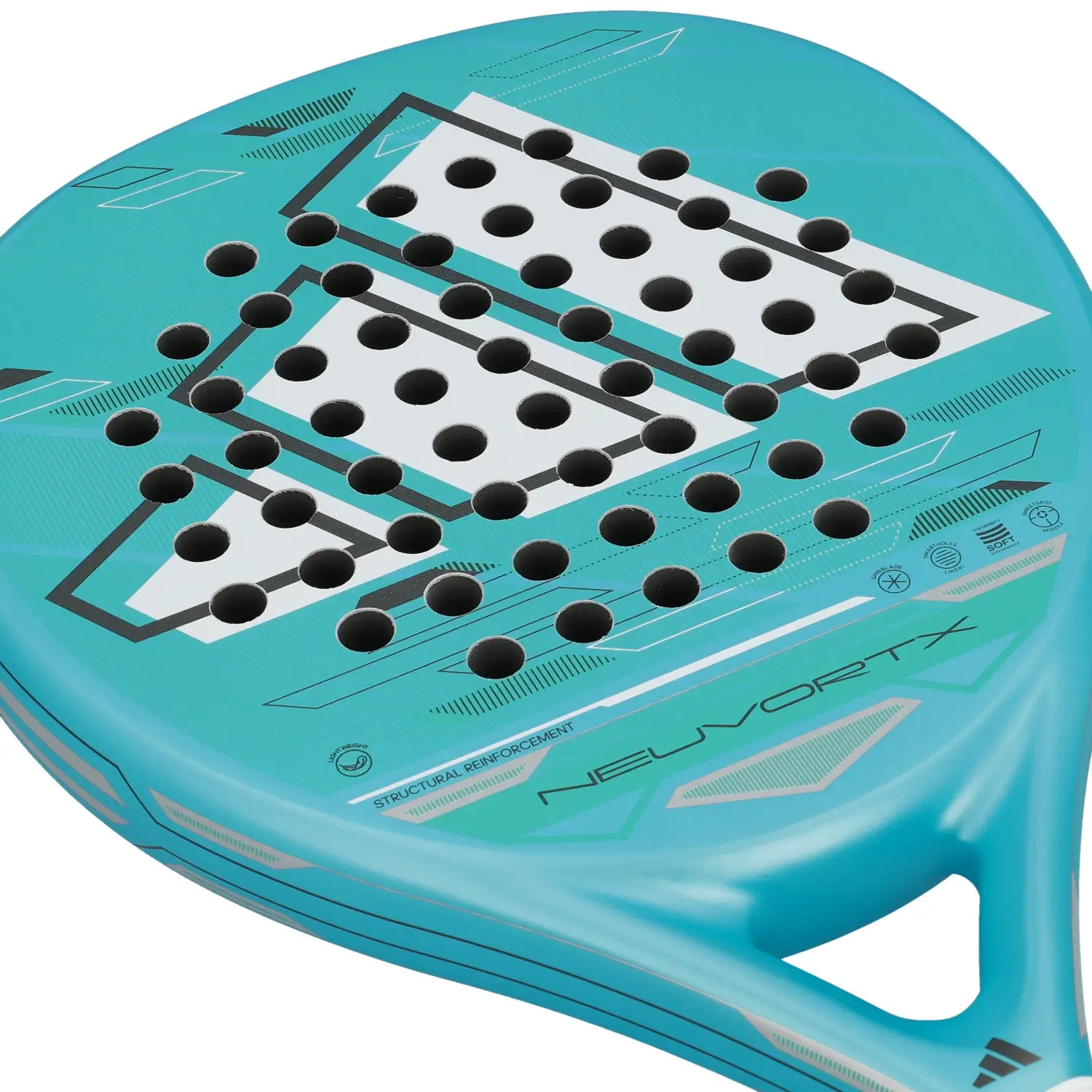 Light blue Adidas padel racket with white branding on a white background.