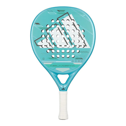 Light blue Adidas padel racket with white branding on a white background.