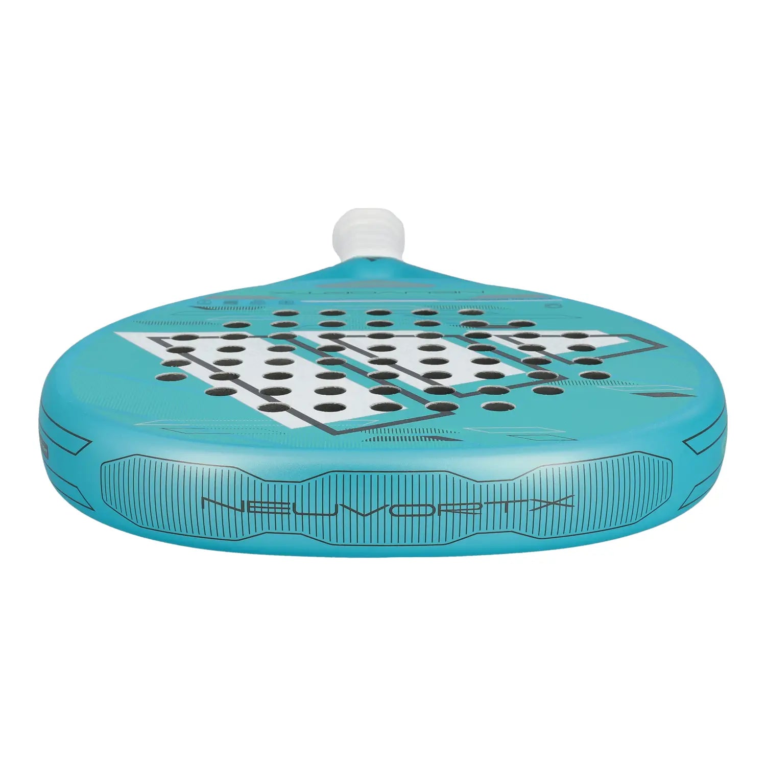 The top of a light blue Adidas padel racket with white branding on a white background.