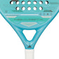 Close up of a light blue Adidas padel racket with white branding on a white background.