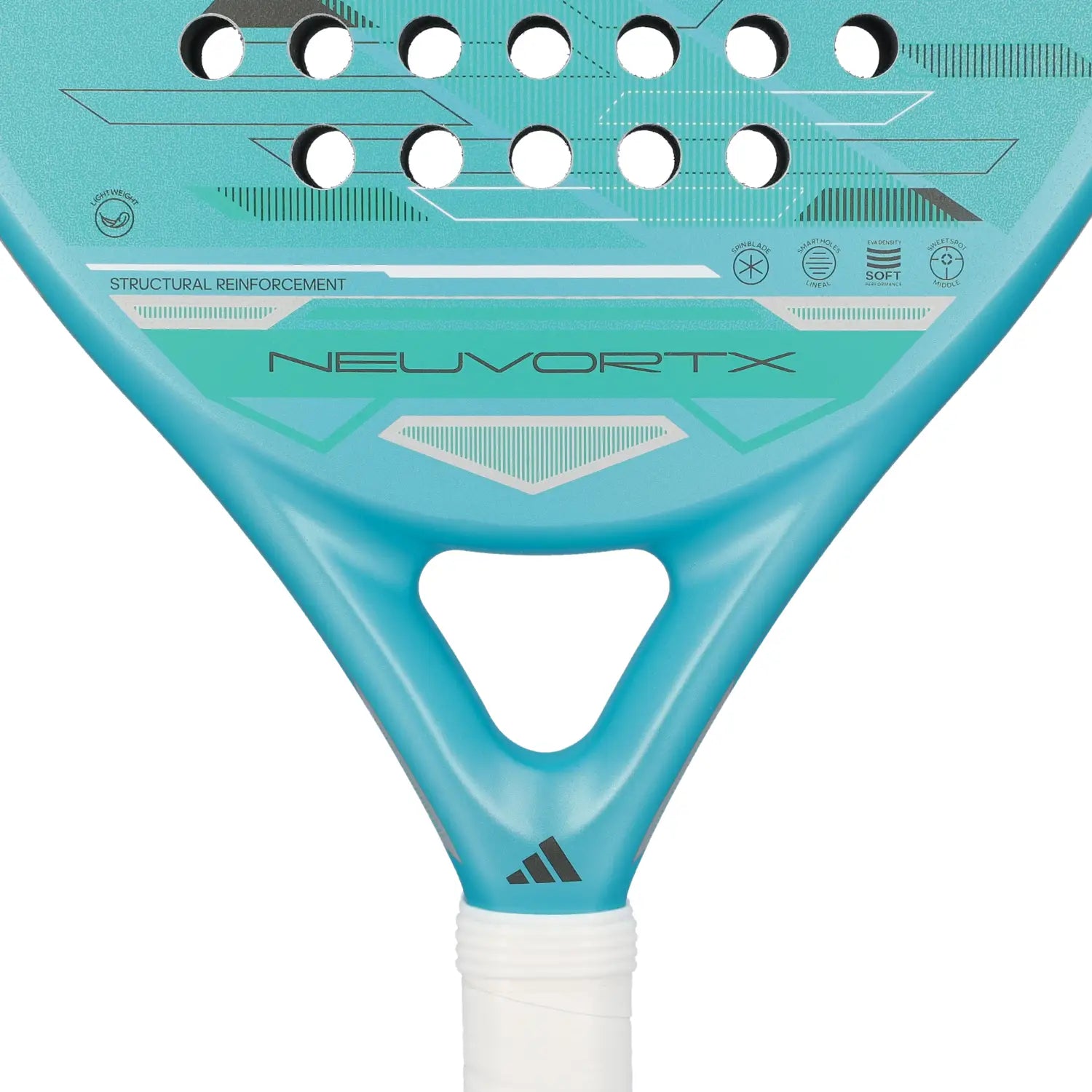 Close up of a light blue Adidas padel racket with white branding on a white background.