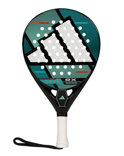 Adidas padel racket with green and black design on a white background.