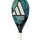 Adidas padel racket with green and black design on a white background.