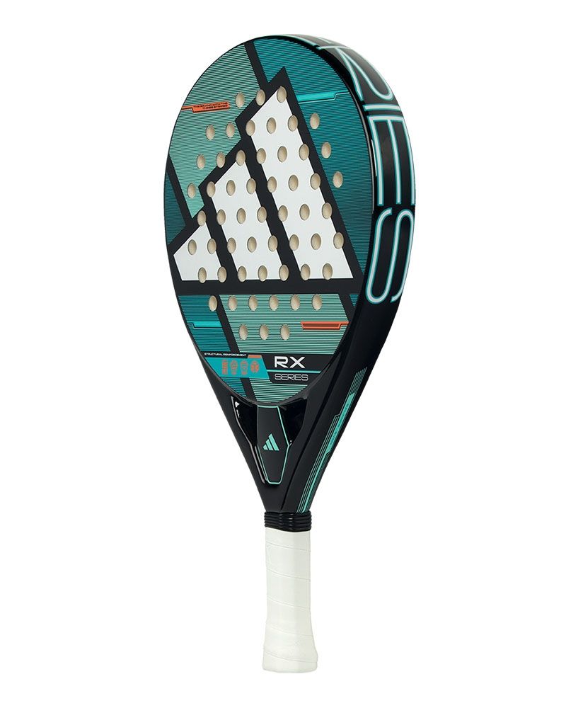 Adidas padel racket with green and black design on a white background.