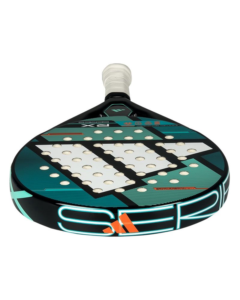 Adidas padel racket with green and black design on a white background.