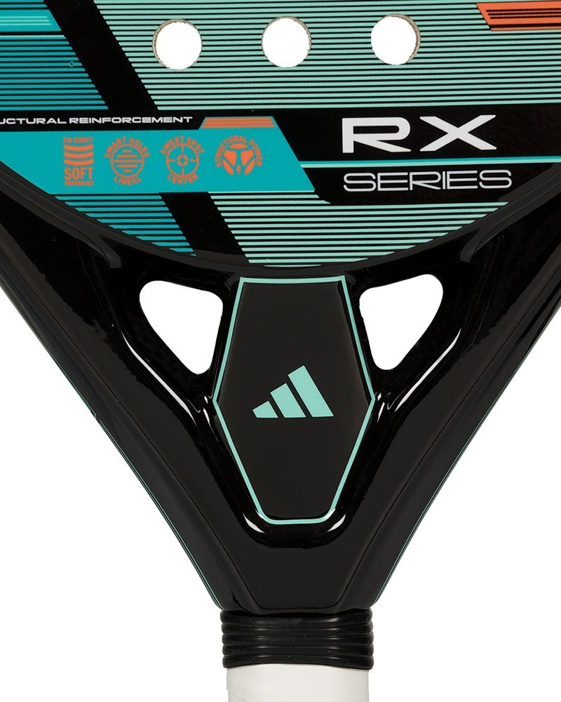 Close up of an Adidas padel racket with green and black design on a white background.