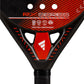 Close-up of a black and red padel racket with 'RX Series' branding on a white background