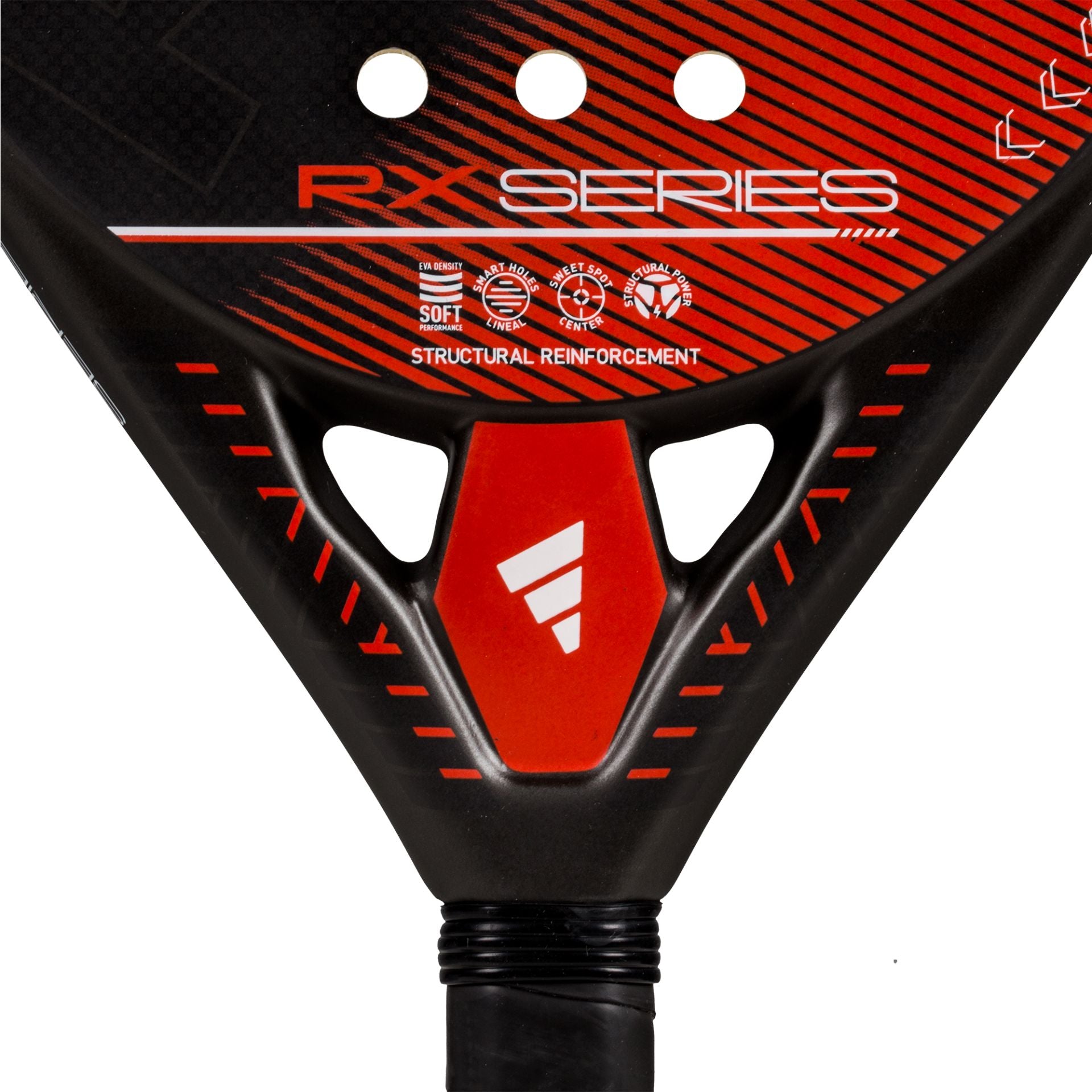 Close-up of a black and red padel racket with 'RX Series' branding on a white background