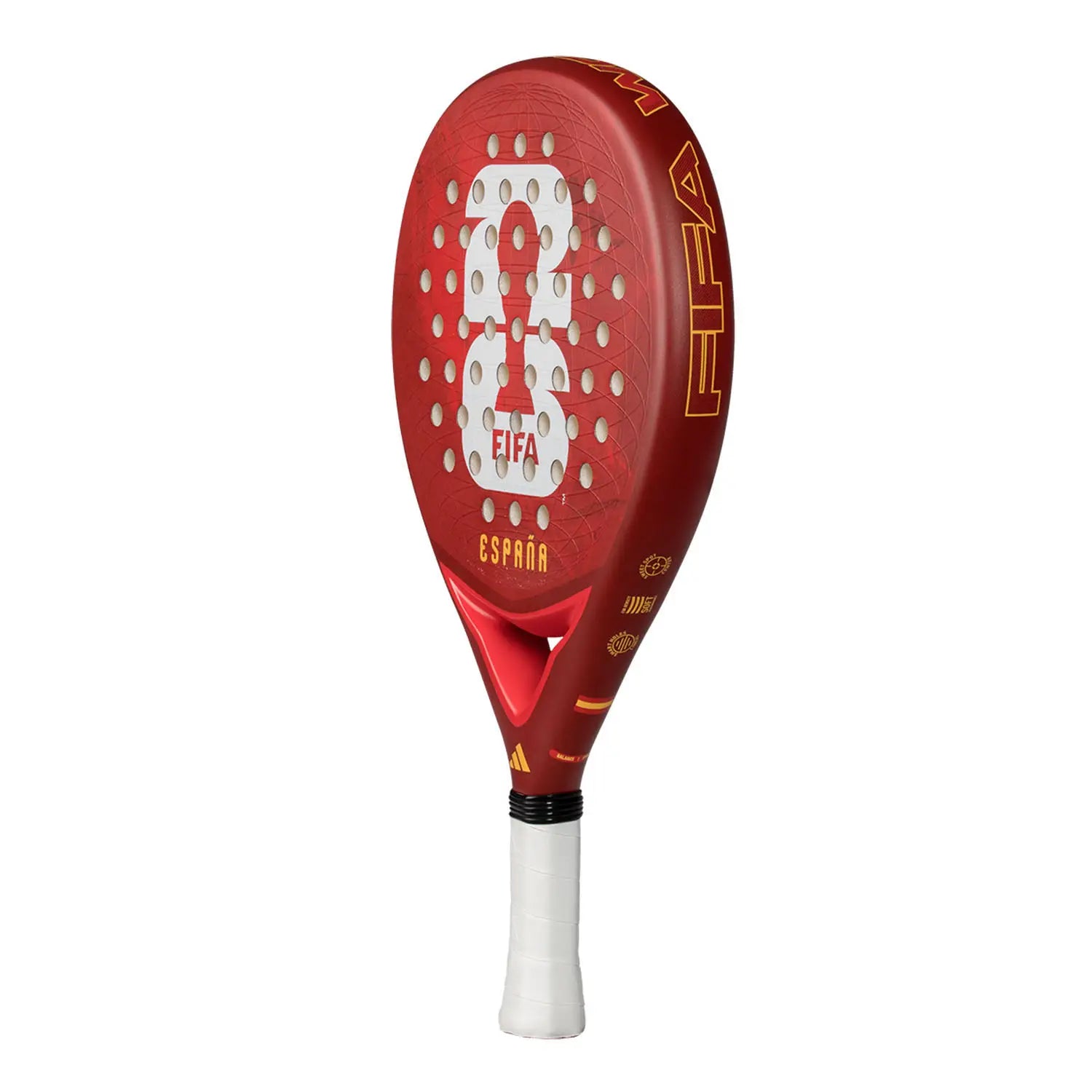 A limited edition 2026 World Cup red Adidas padel racket for the Spain national team, with the World Cup trophy on the face.