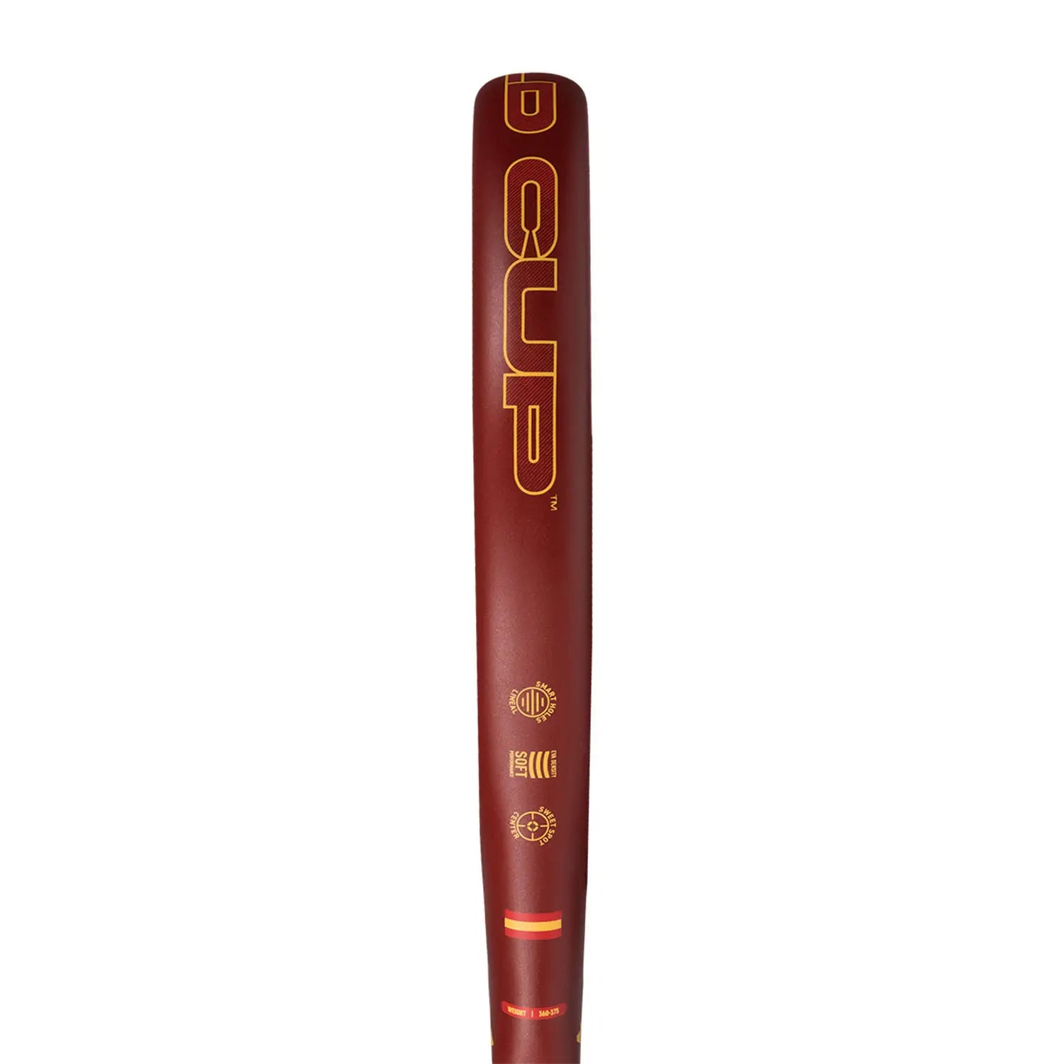 The side of a limited edition 2026 World Cup red Adidas padel racket with yellow branding for the Spain national team.