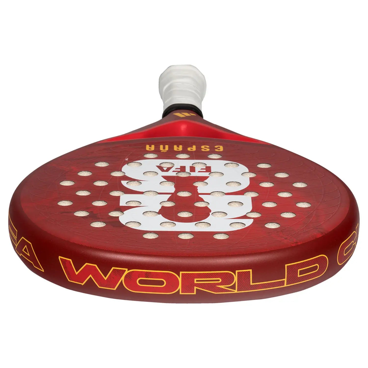 The top of a limited edition 2026 World Cup red Adidas padel racket with yellow branding for the Spain national team.