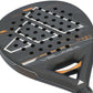 The face of a black Adidas Velara padel racket on a white background.