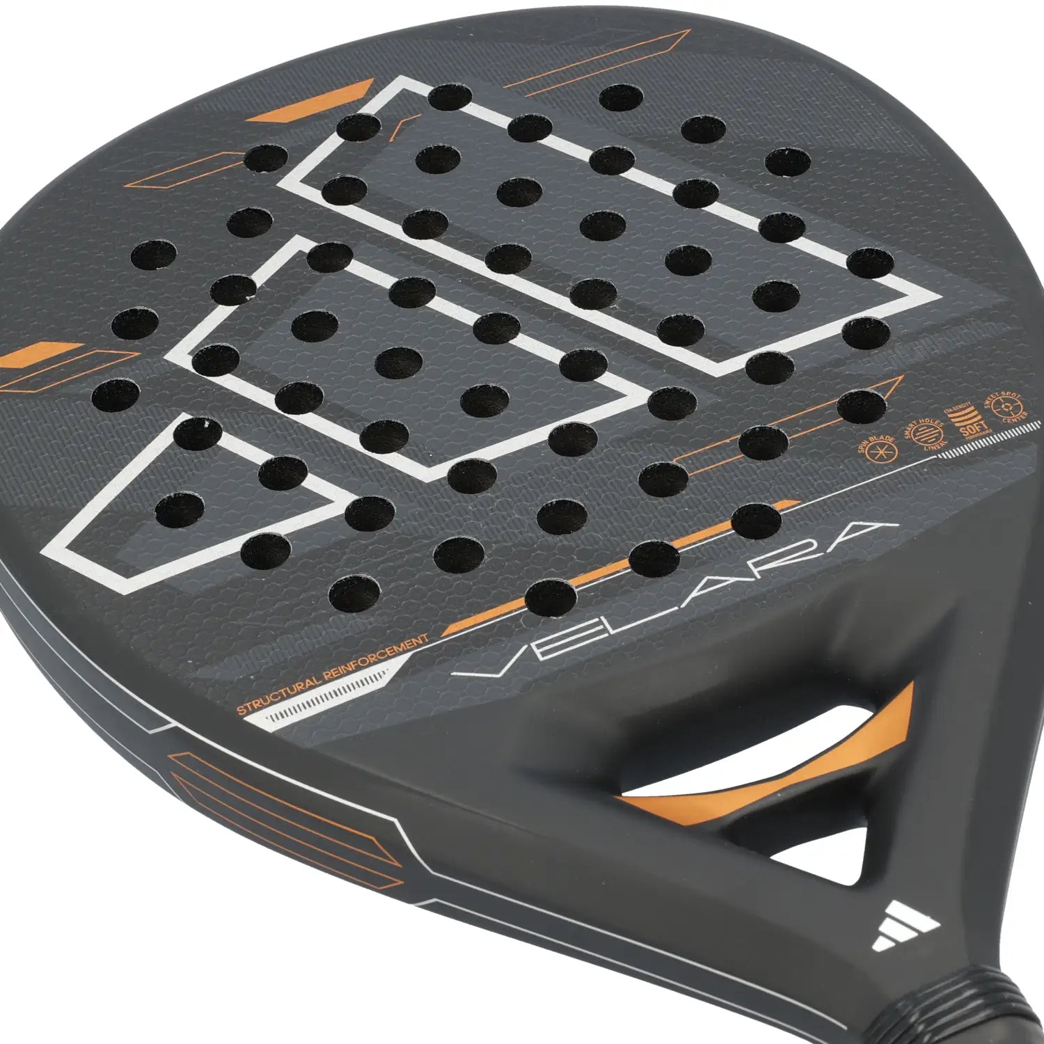 The face of a black Adidas Velara padel racket on a white background.