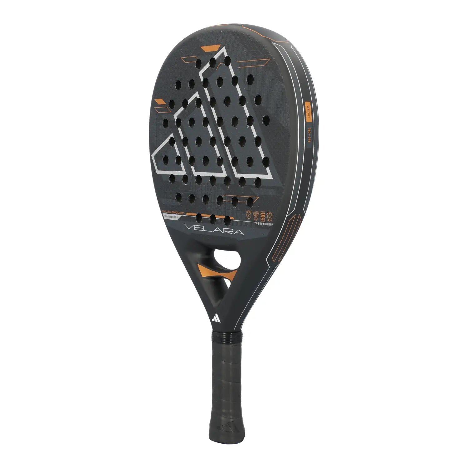 A black Adidas Velara padel racket on a white background.