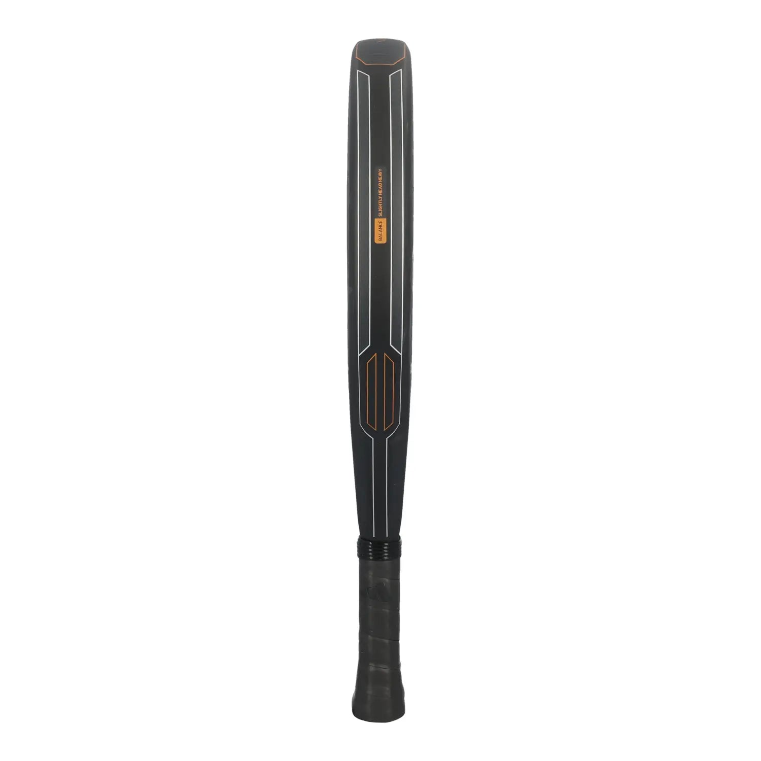 The side of a black Adidas Velara padel racket on a white background.