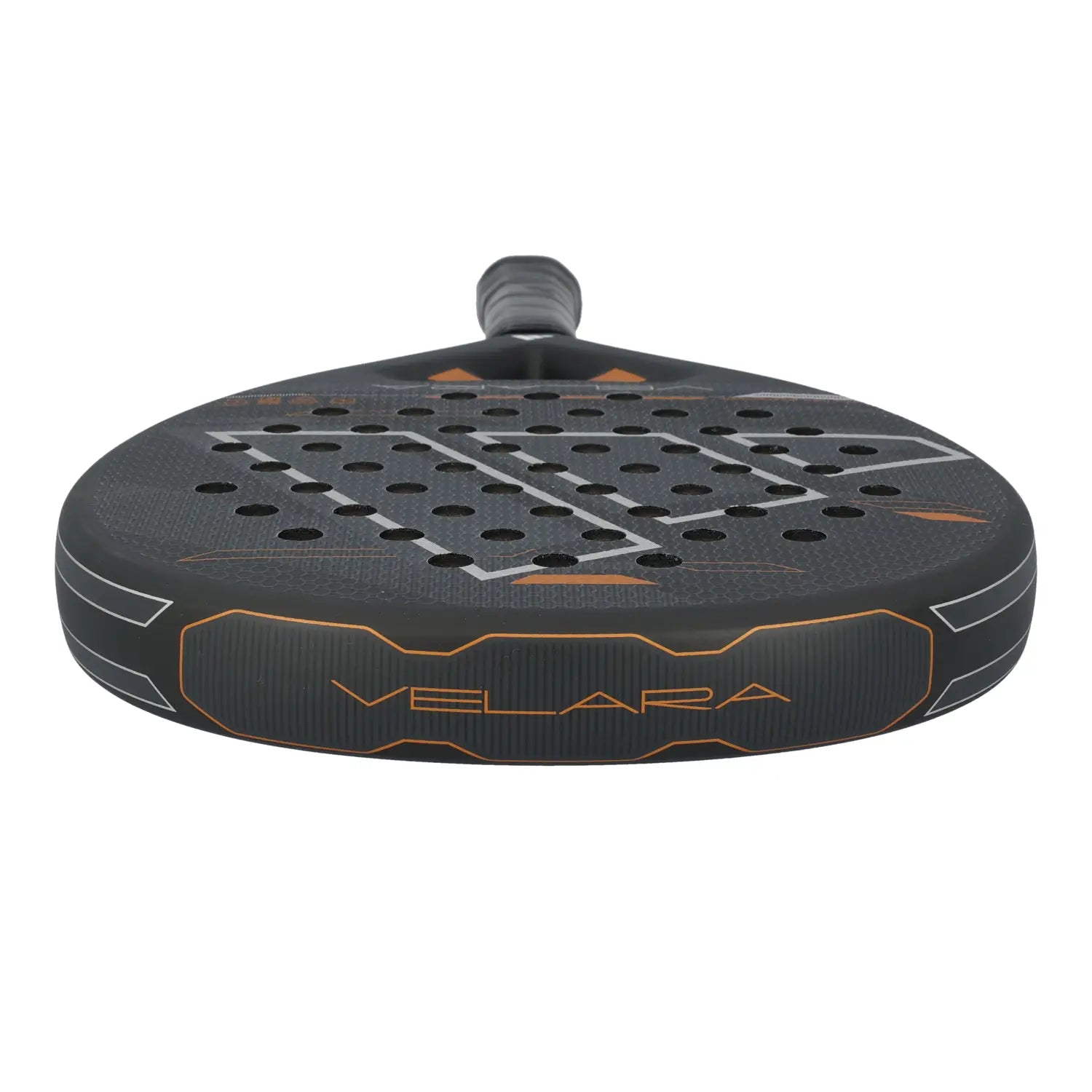 The top of a black Adidas Velara padel racket on a white background.