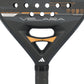 A close up of a black Adidas Velara padel racket on a white background.