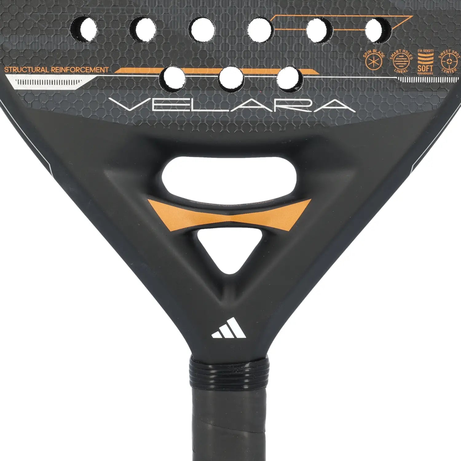 A close up of a black Adidas Velara padel racket on a white background.