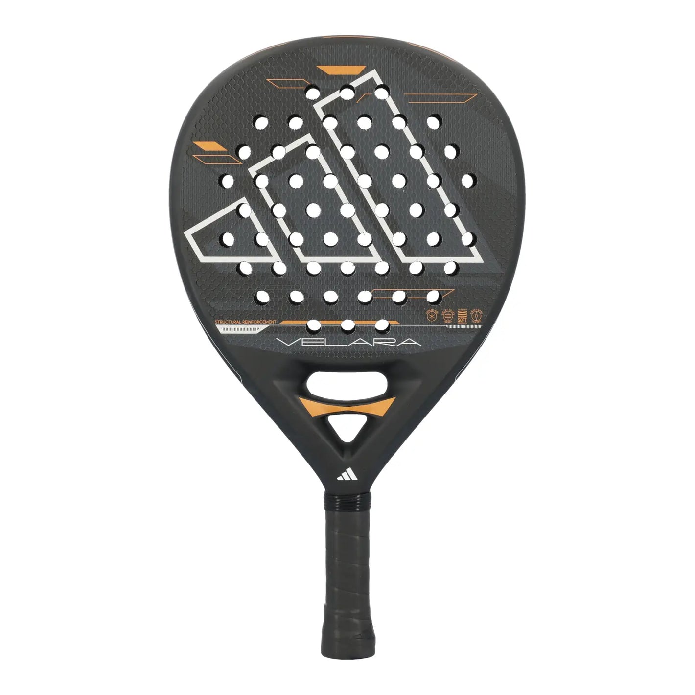 A black Adidas Velara padel racket on a white background.
