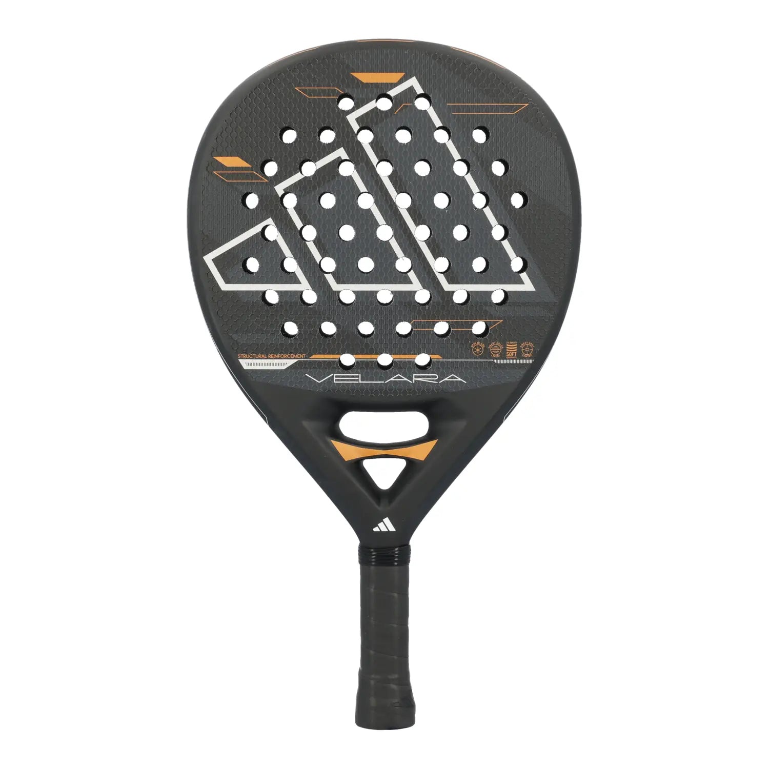 A black Adidas Velara padel racket on a white background.
