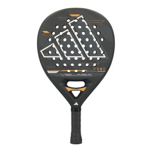 A black Adidas Velara padel racket on a white background.