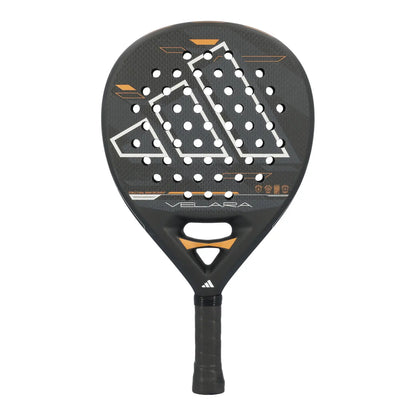 A black Adidas Velara padel racket on a white background.