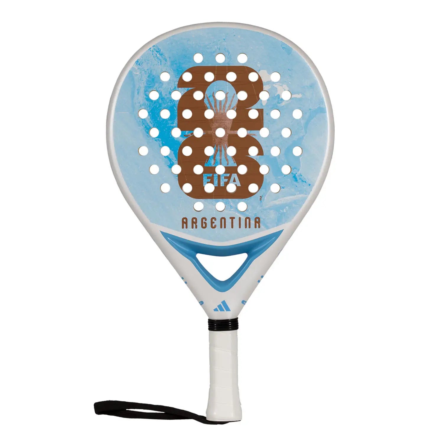 A limited edition 2026 World Cup light blue Adidas padel racket for the Argentina national team, with the World Cup trophy on the face.