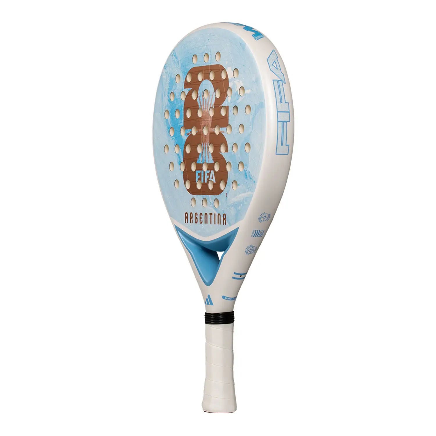 A limited edition 2026 World Cup light blue Adidas padel racket for the Argentina national team, with the World Cup trophy on the face.