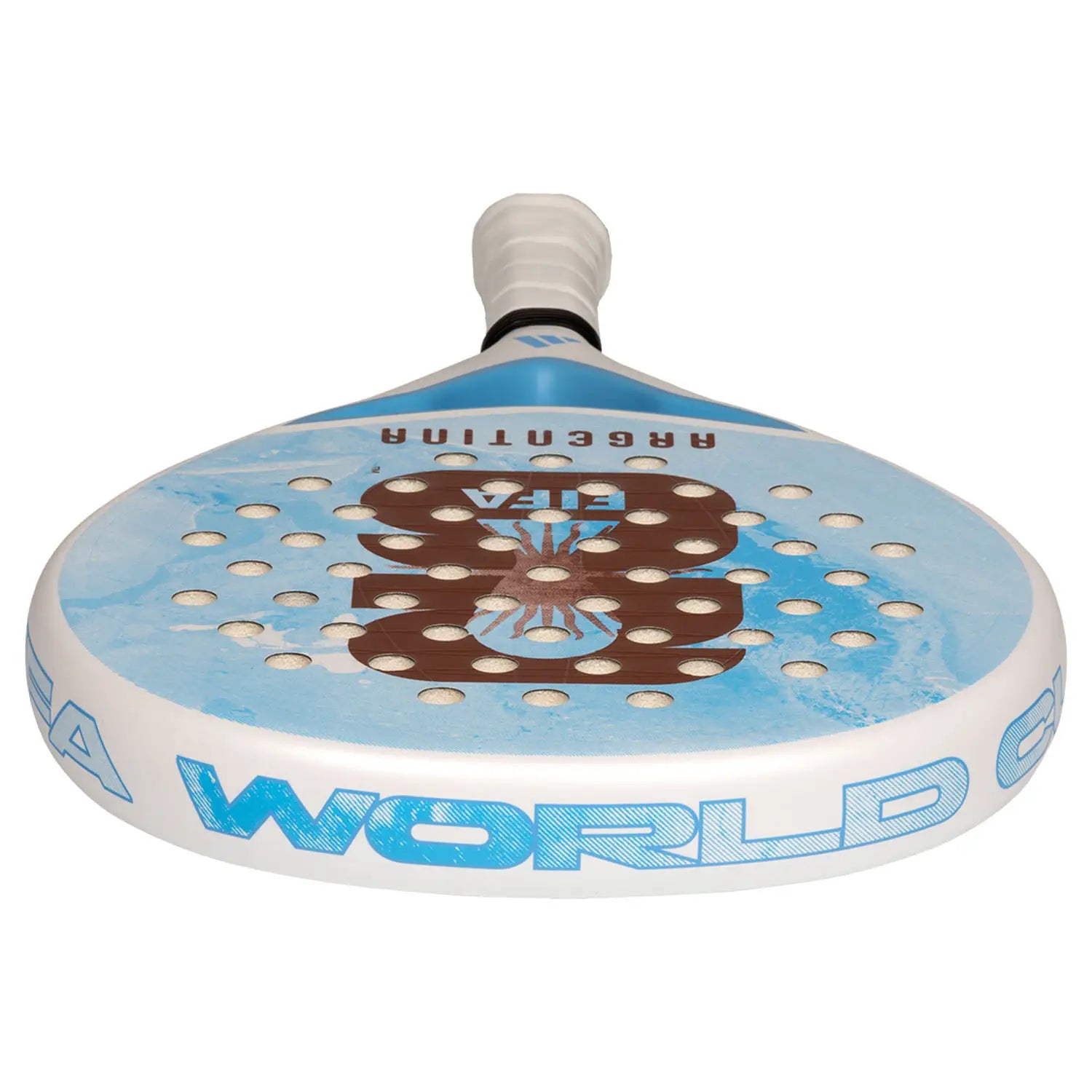 The top of a limited edition 2026 World Cup light blue Adidas padel racket with white branding for the Argentina national team.