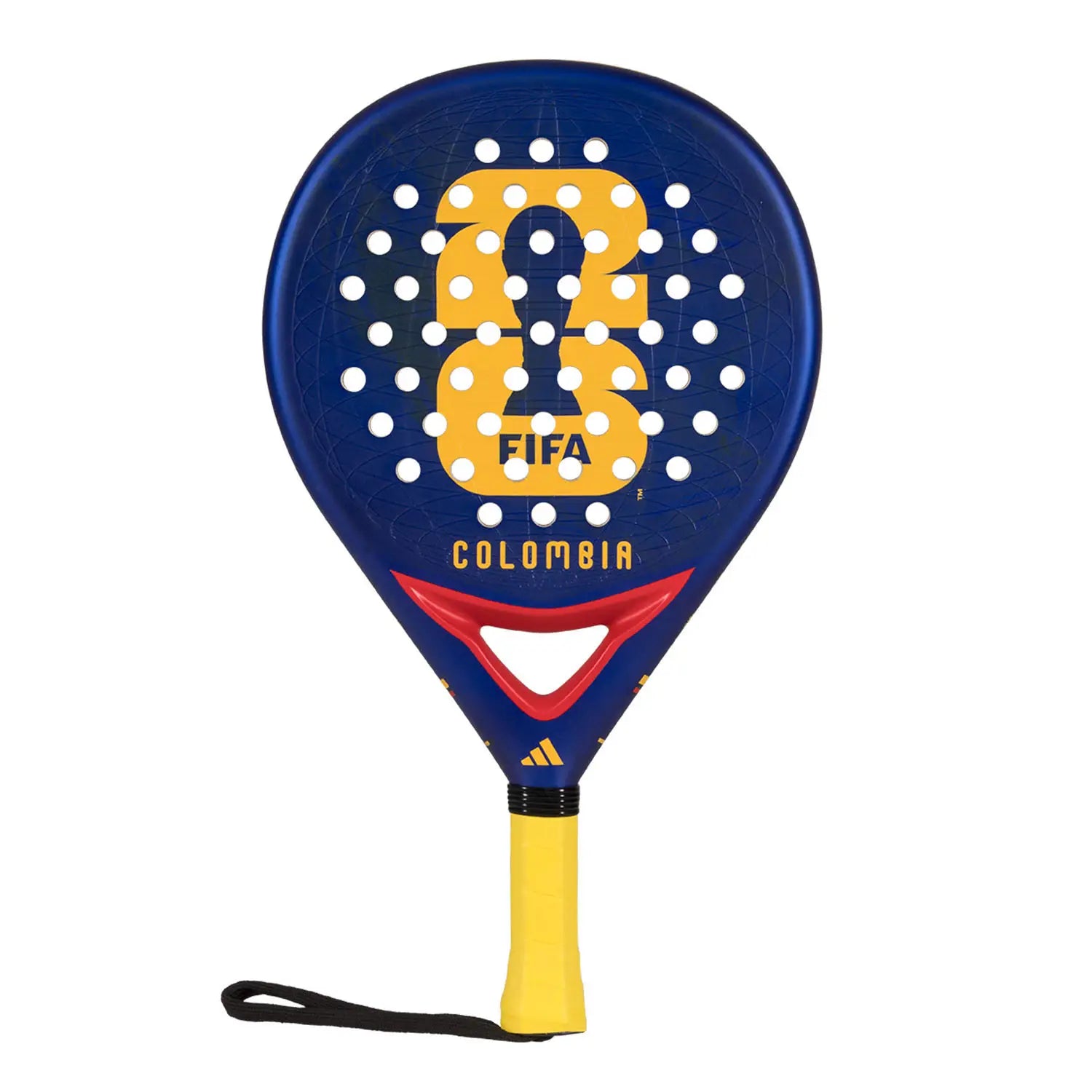 A limited edition 2026 World Cup blue Adidas padel racket for the Colombia national team, with the World Cup trophy on the face in yellow.