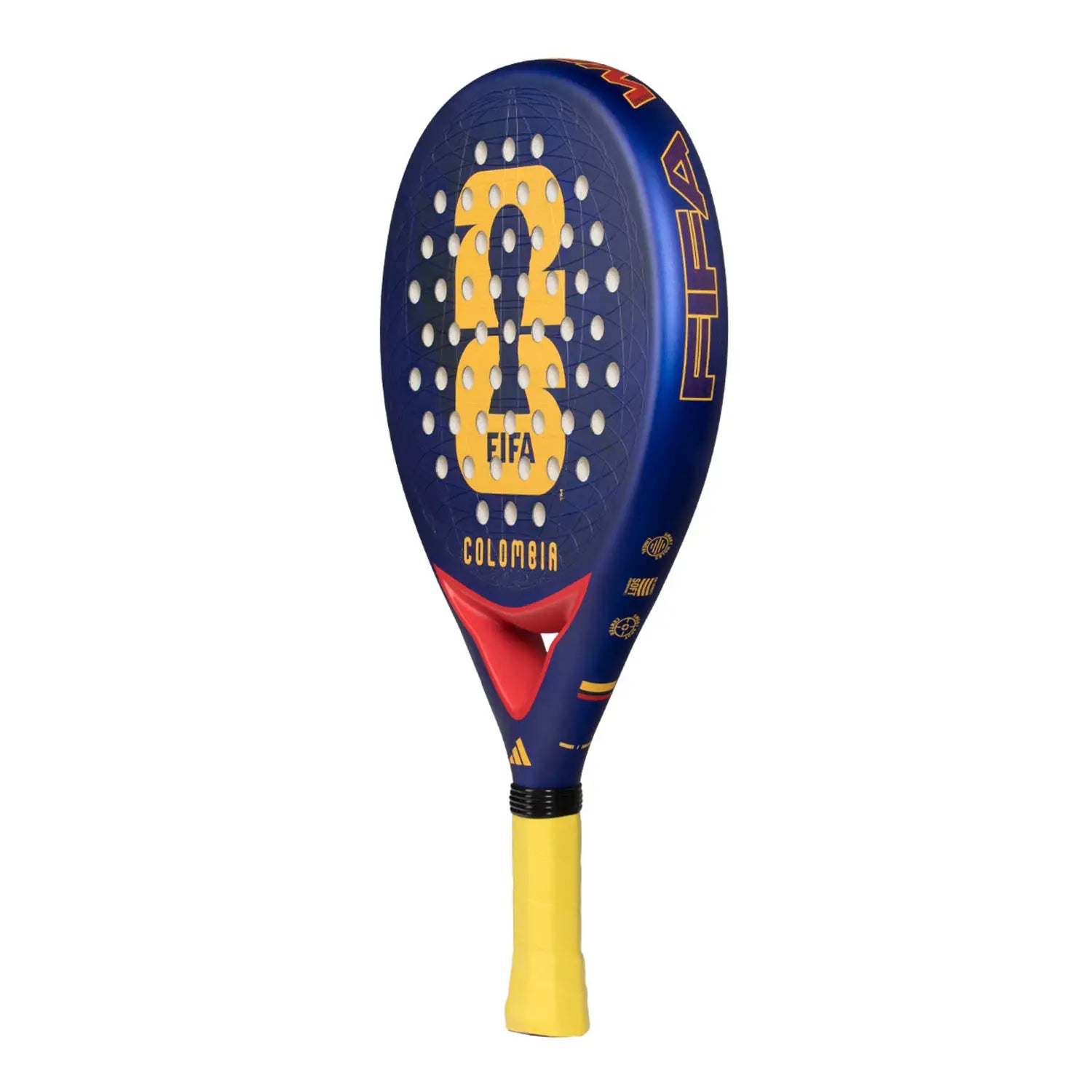 A limited edition 2026 World Cup blue Adidas padel racket with red and yellow branding for the Colombia national team.