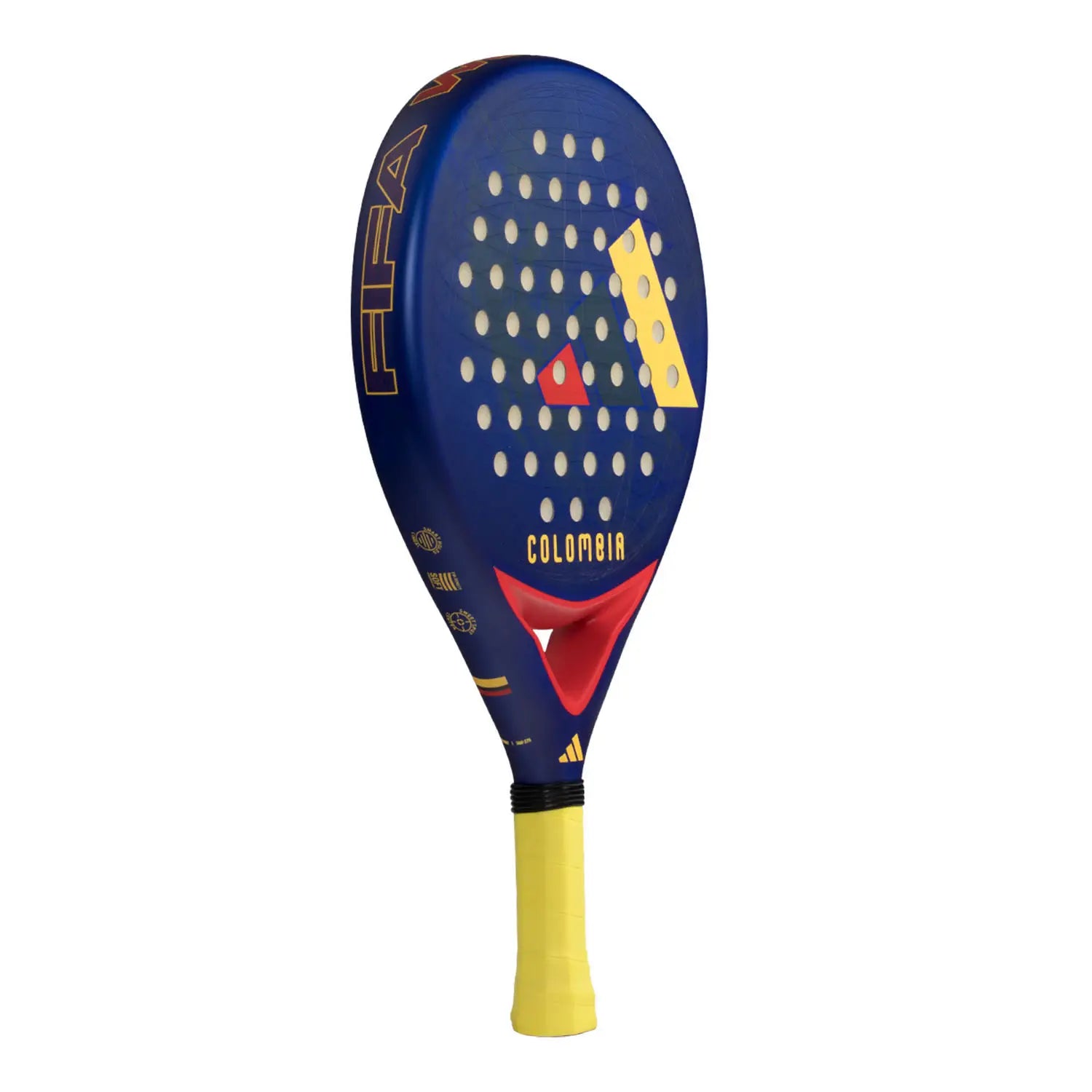 A limited edition 2026 World Cup blue Adidas padel racket with red and yellow branding for the Colombia national team.