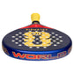 The top of a limited edition 2026 World Cup blue Adidas padel racket with red and yellow branding for the Colombia national team.