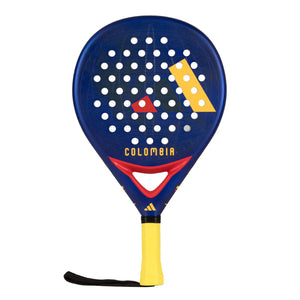 A limited edition 2026 World Cup blue Adidas padel racket with red and yellow branding for the Colombia national team.