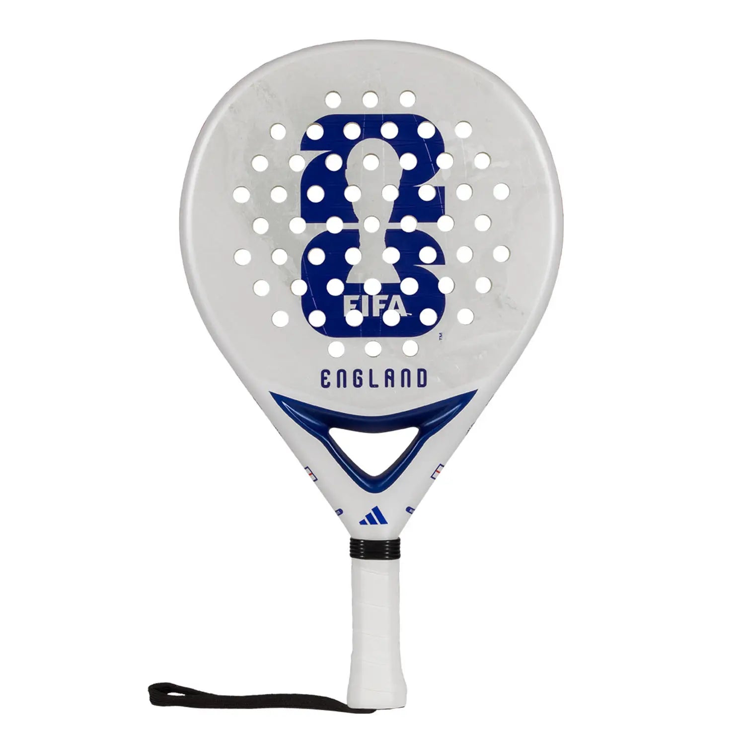 A limited edition 2026 World Cup white Adidas padel racket for the England national team, with the World Cup trophy in blue on the face.