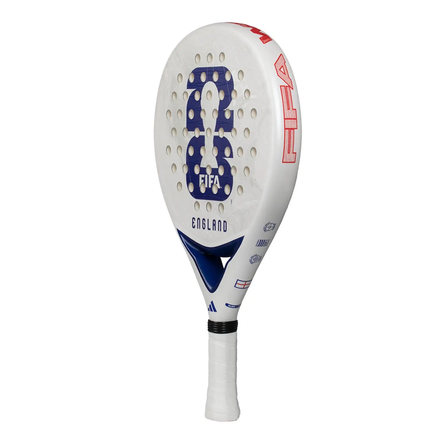 A limited edition 2026 World Cup white Adidas padel racket for the England national team, with the World Cup trophy in blue on the face.