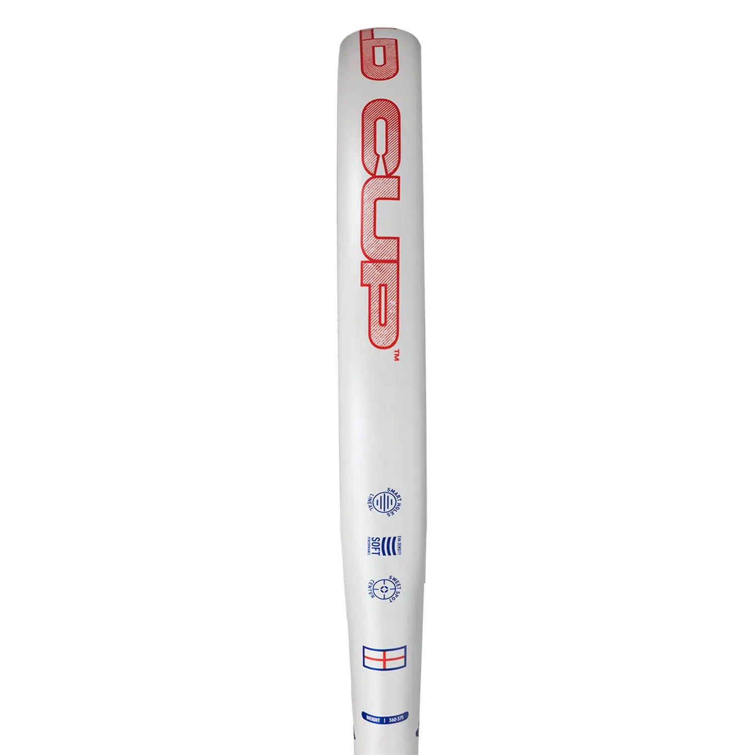 The side of a limited edition 2026 World Cup white Adidas padel racket with red and blue branding for the England national team.