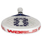 The top of a limited edition 2026 World Cup white Adidas padel racket with red and blue branding for the England national team.