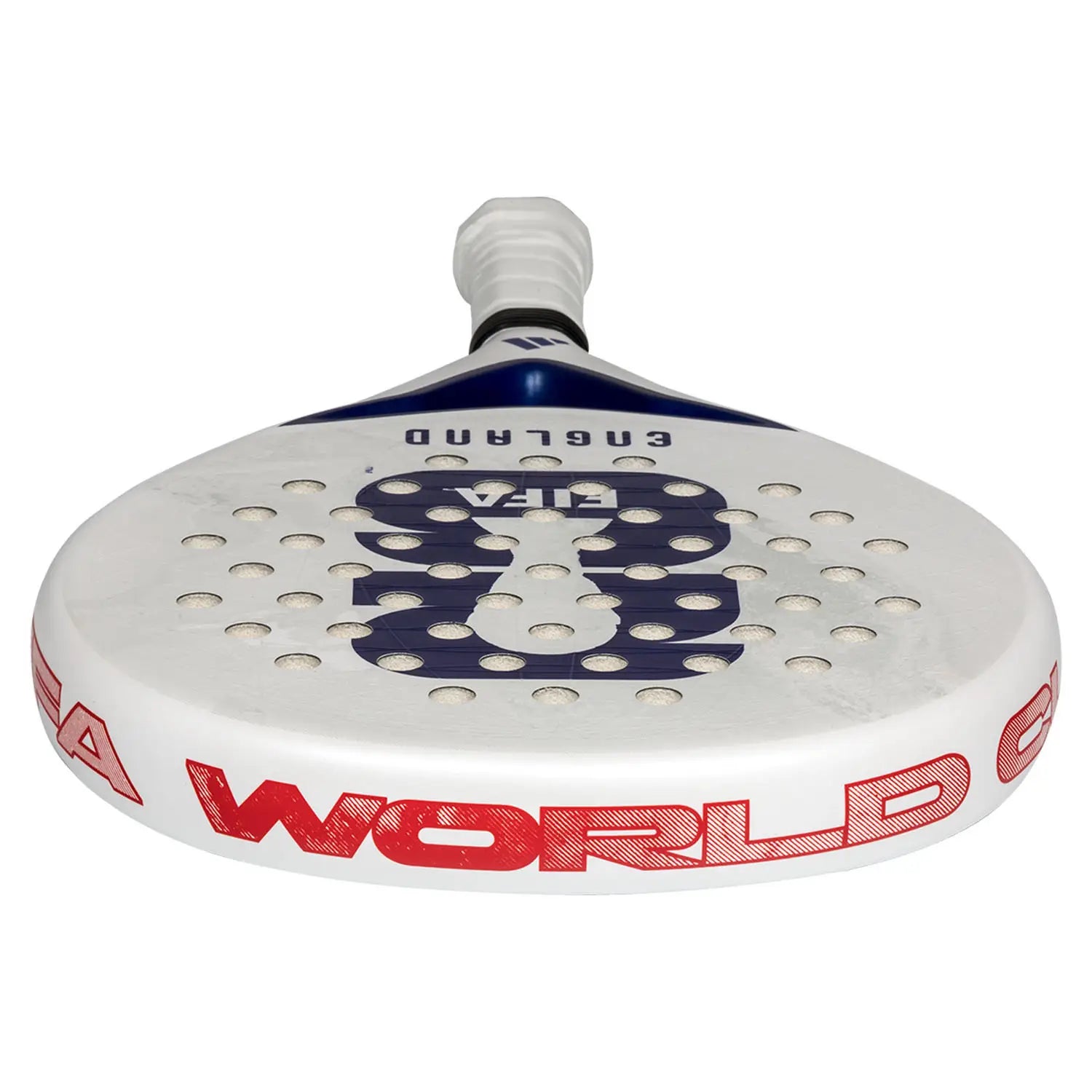 The top of a limited edition 2026 World Cup white Adidas padel racket with red and blue branding for the England national team.