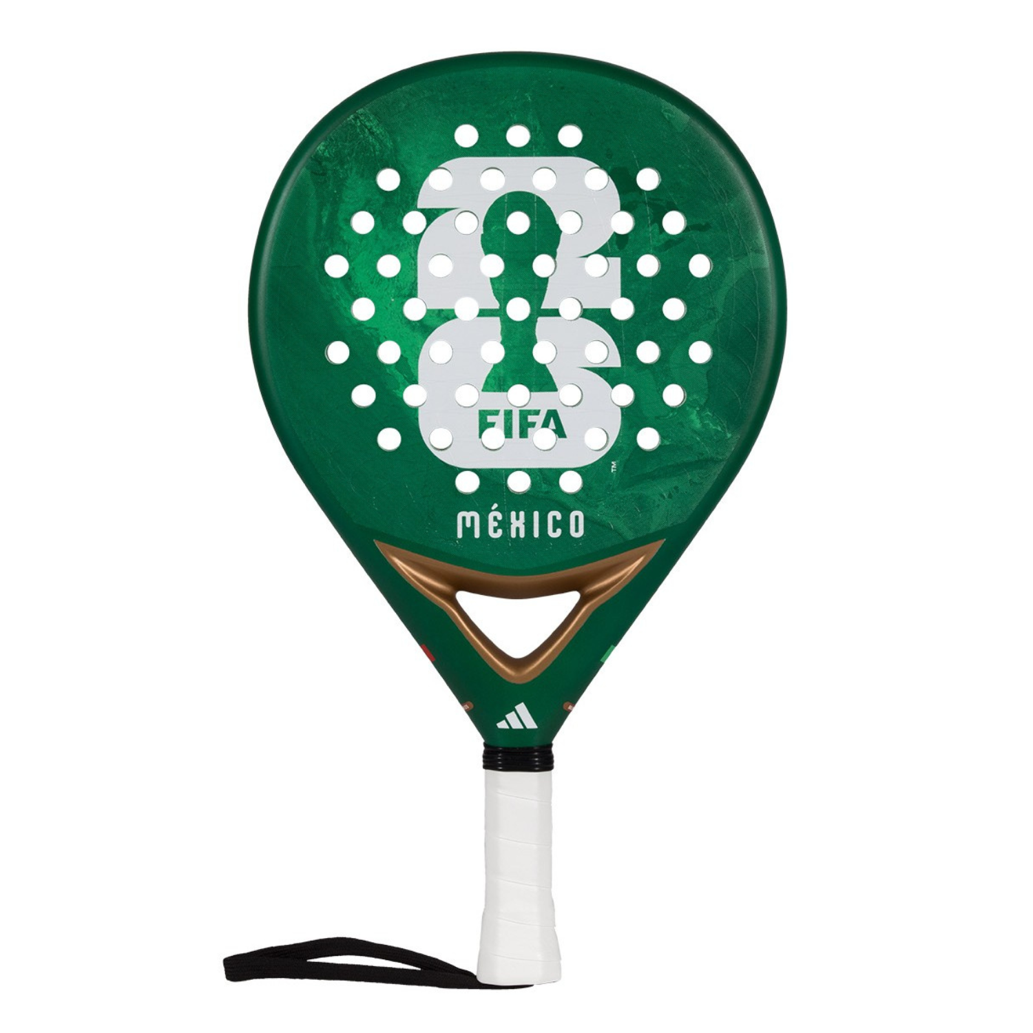 A limited edition 2026 World Cup green Adidas padel racket for the Mexico national team, with the World Cup trophy on the face.