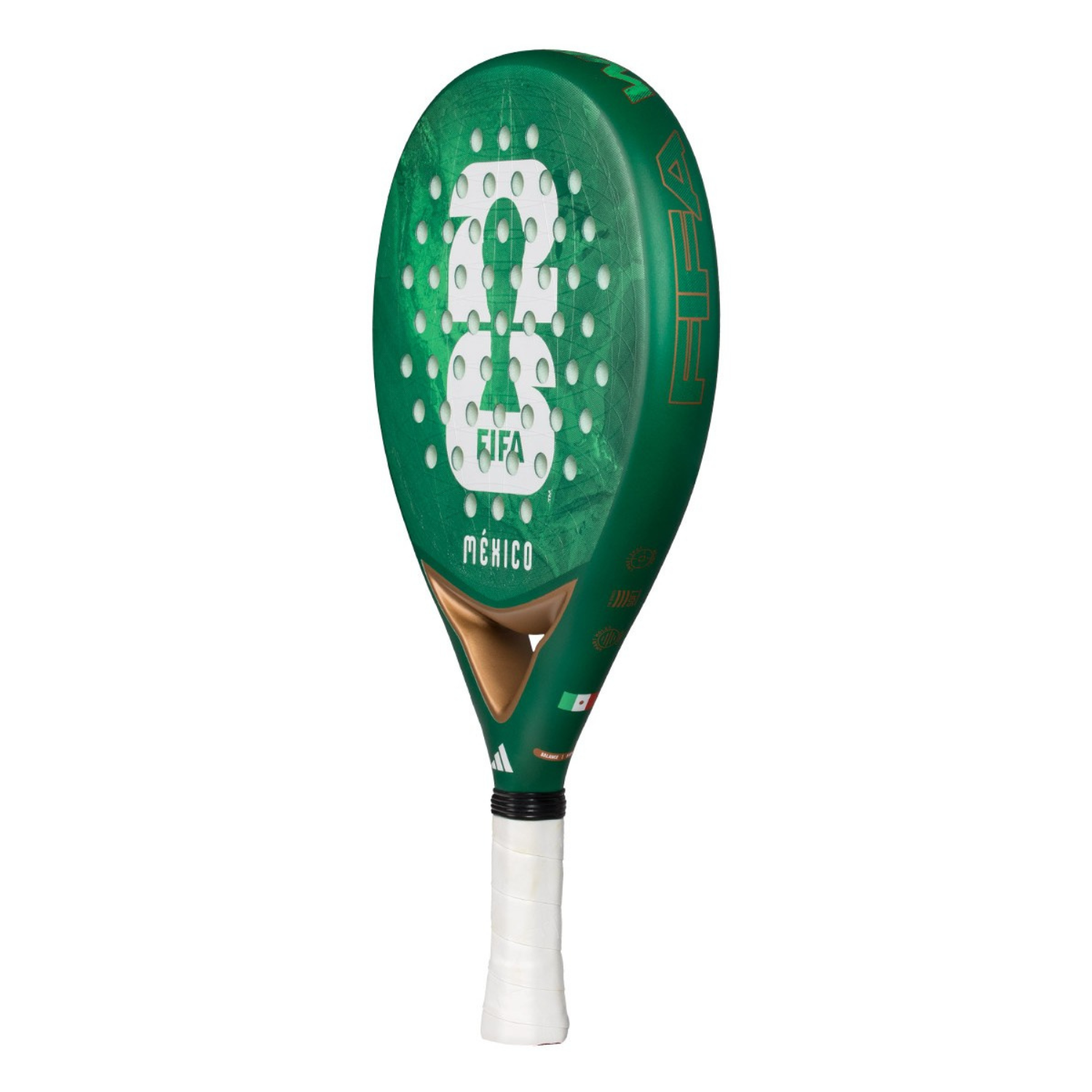 A limited edition 2026 World Cup green Adidas padel racket for the Mexico national team, with the World Cup trophy on the face.