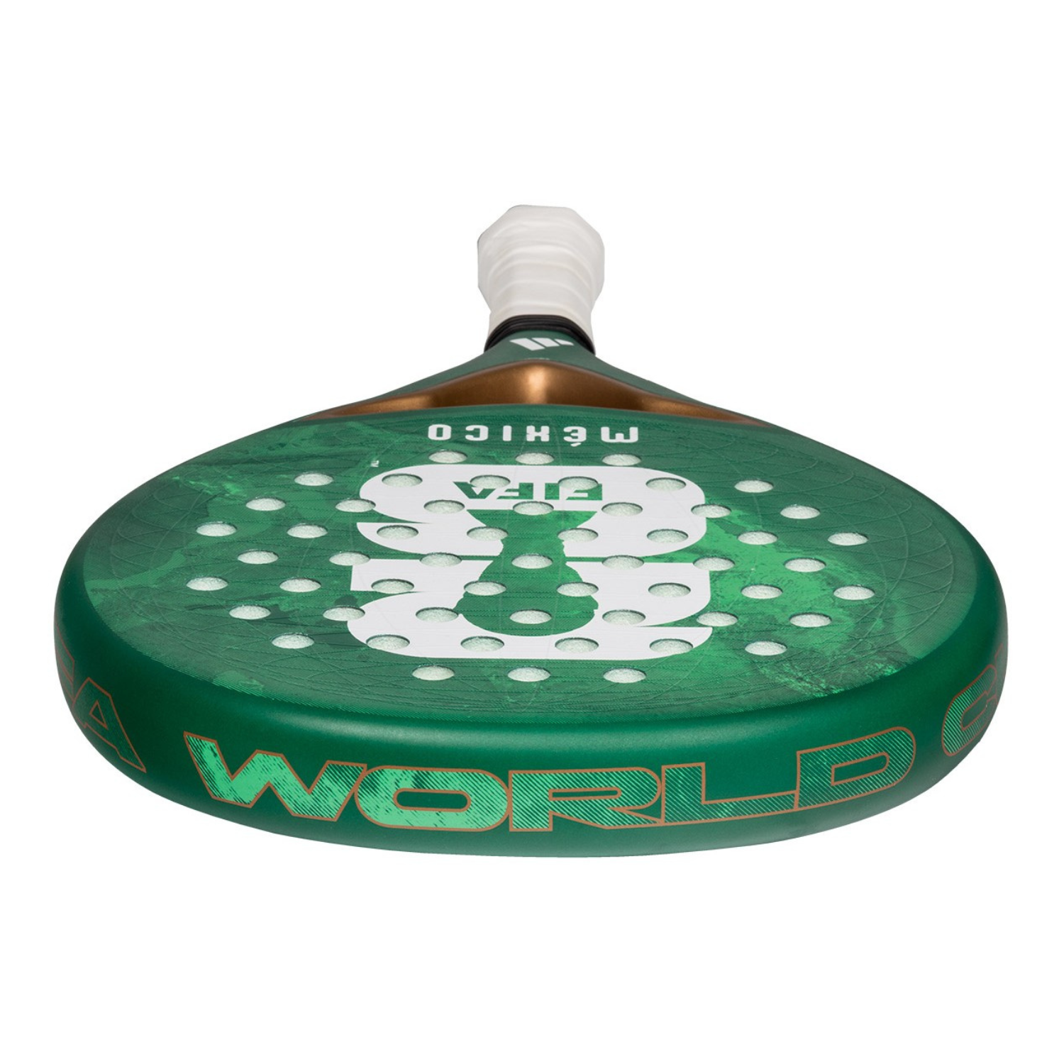 The top of a limited edition 2026 World Cup green Adidas padel racket with red and white branding for the Mexico national team.