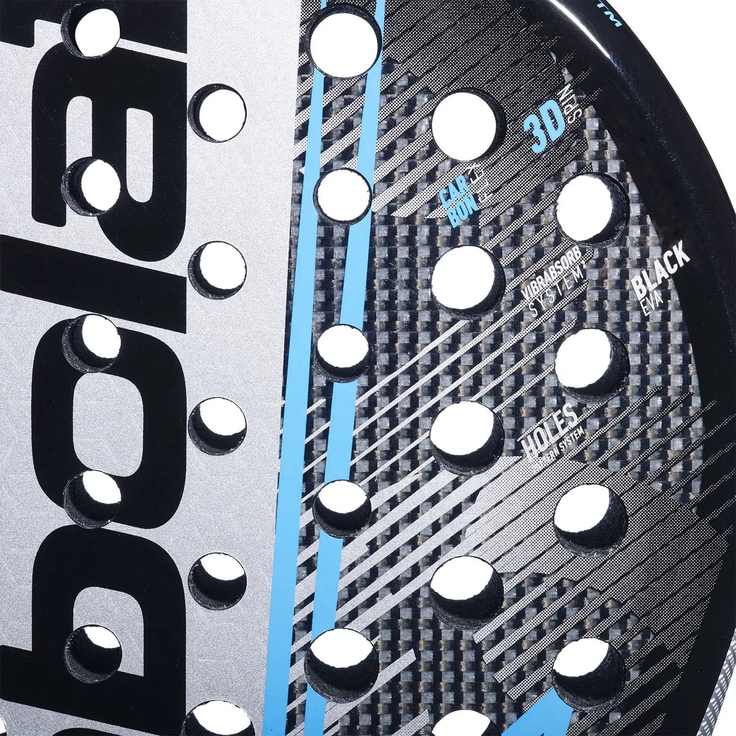 The face of a blue, white and black Babolat padel racket on a white background.