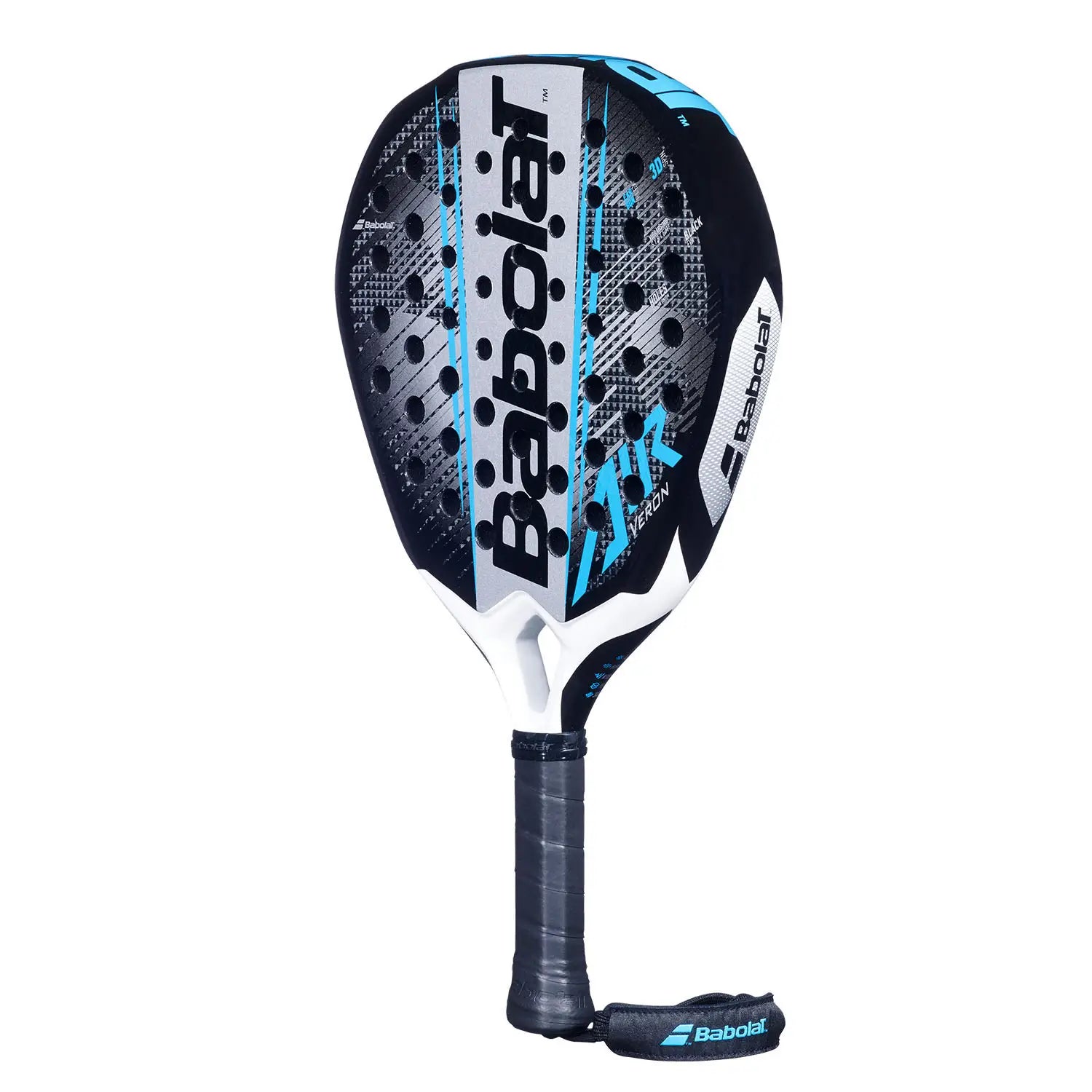 A blue, white and black Babolat padel racket on a white background.