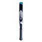 The side of a blue, white and black Babolat padel racket on a white background.